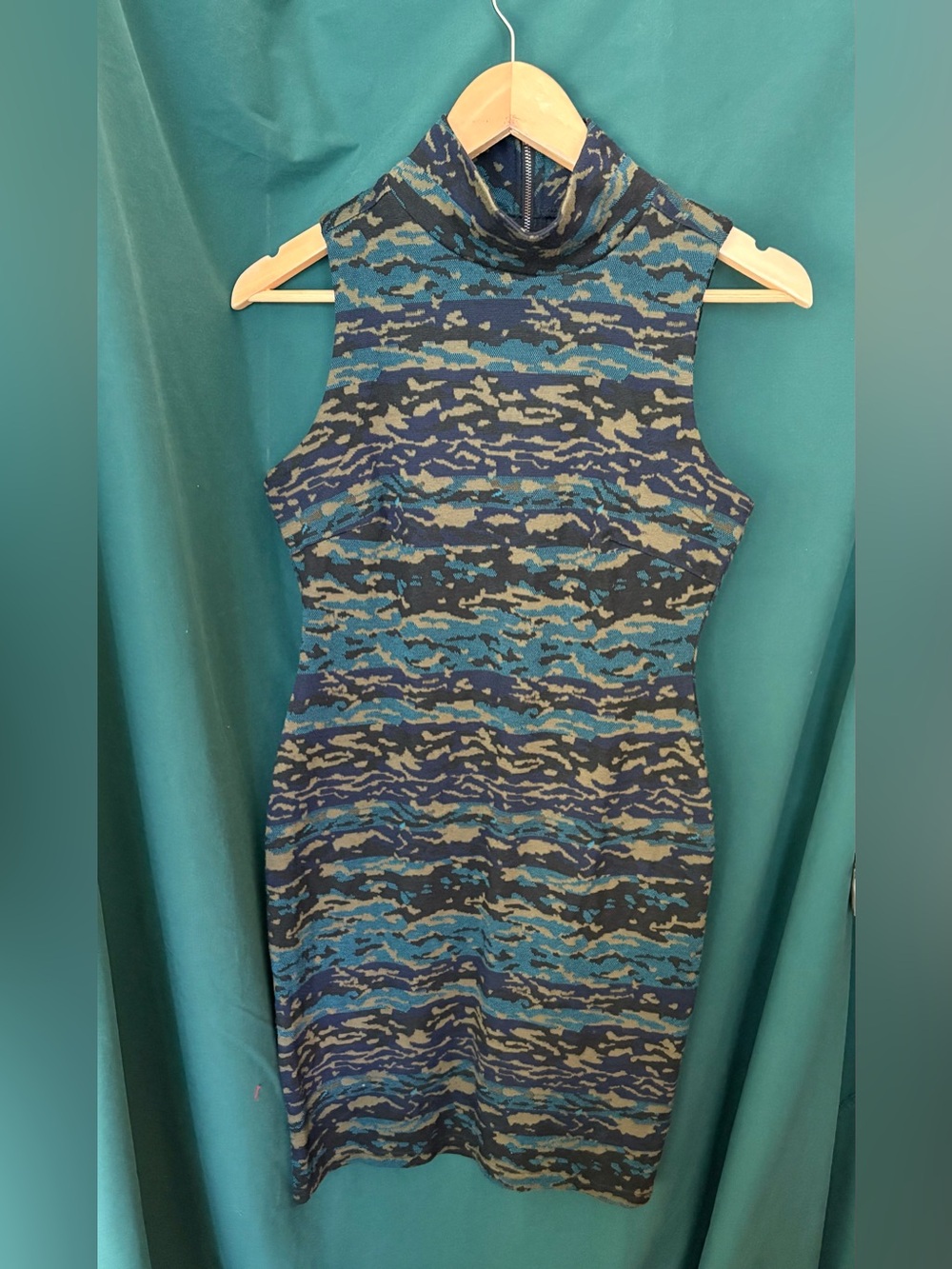 Green Blue and Gray Sleeveless Turtleneck Midi Dress